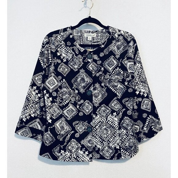Coldwater Creek Jacket Womens 10 Tile Stamp Print Button Front Lined Black White - Picture 1 of 7
